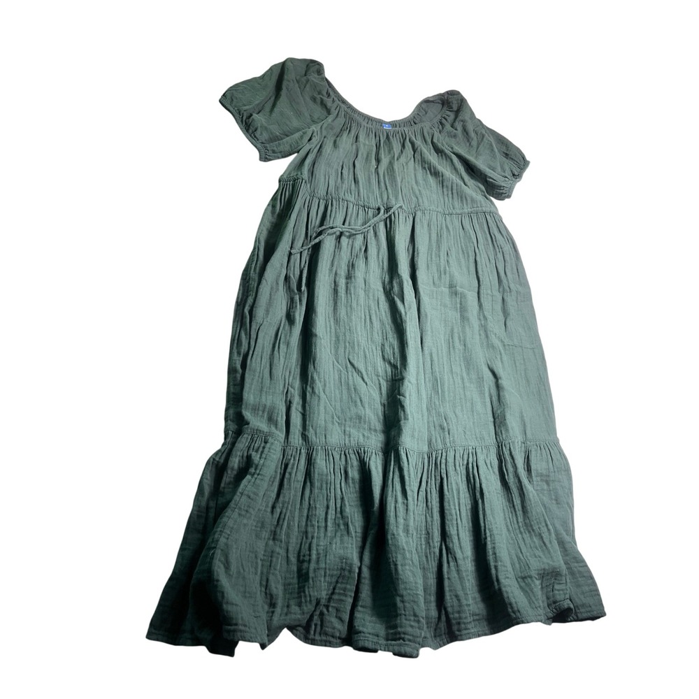 Old Navy XL Forest Green Cotton Gauze Maxi Dress Tiered Boho Puff Sleeve